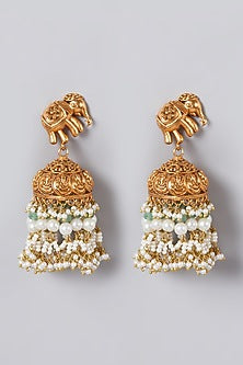 Gold Finish Pearl & Green Onyx Jhumka Earrings