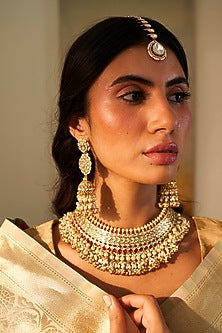 Gold Finish Kundan Polki & Pearl Drop Necklace Set