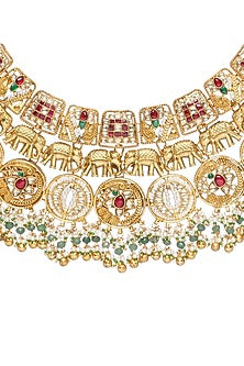 Gold Finish Kundan Polki & Green Onyx Necklace Set