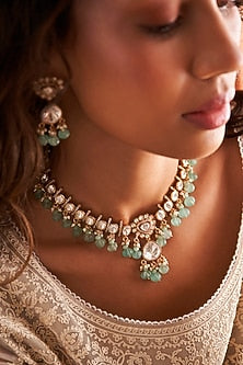 Gold Finish Moissanite Polki & Fluorite Drop Necklace Set