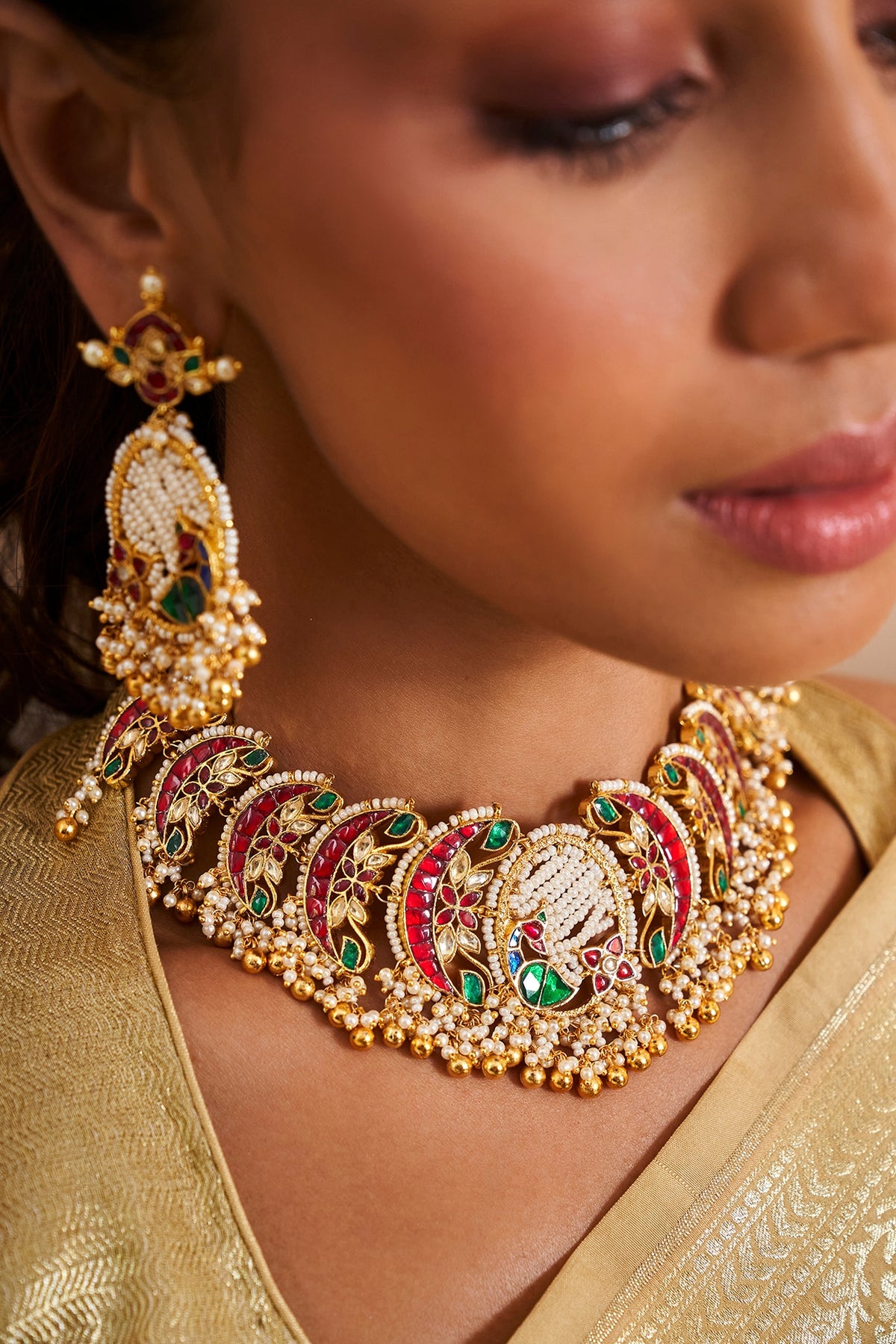 Gold Finish Kundan Polki & Pearl Drop Choker Necklace Set