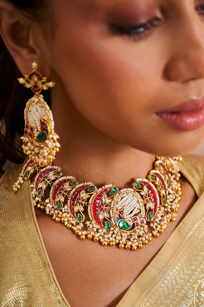 Gold Finish Kundan Polki & Pearl Drop Choker Necklace Set