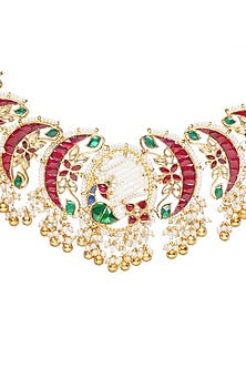 Gold Finish Kundan Polki & Pearl Drop Choker Necklace Set