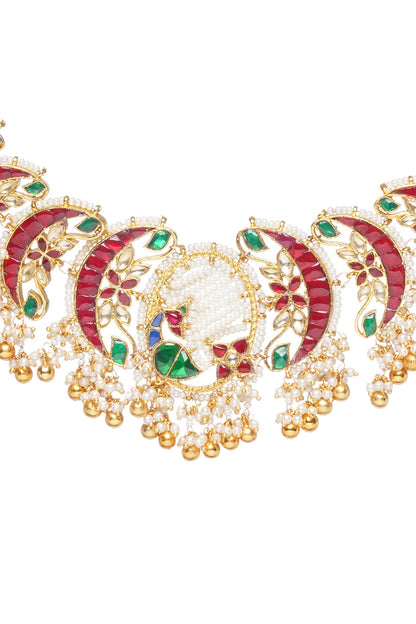 Gold Finish Kundan Polki & Pearl Drop Choker Necklace Set