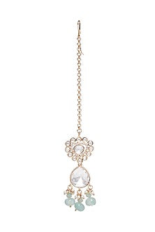 Gold Finish Moissanite Polki & Fluorite Stone Maang Tikka In Sterling Silver