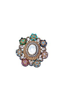Gold Finish Kundan Polki Ring In Sterling Silver