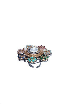 Gold Finish Kundan Polki Ring In Sterling Silver