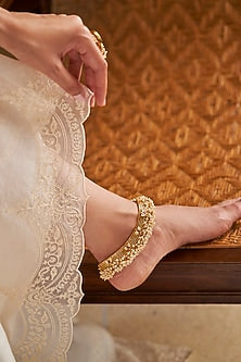 Gold Finish Kundan Polki & Pearl Anklet (Set of 2)