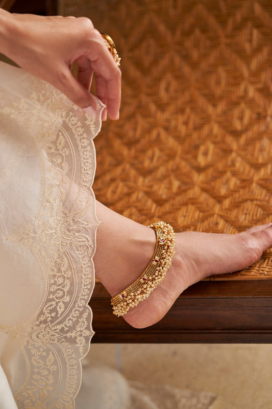 Gold Finish Kundan Polki & Pearl Anklet (Set of 2)