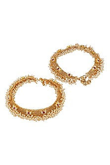 Gold Finish Kundan Polki & Pearl Anklet (Set of 2)