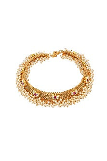 Gold Finish Kundan Polki & Pearl Anklet (Set of 2)