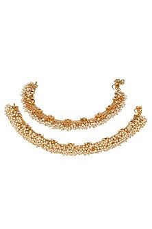 Gold Finish Kundan Polki & Pearl Anklet (Set of 2)