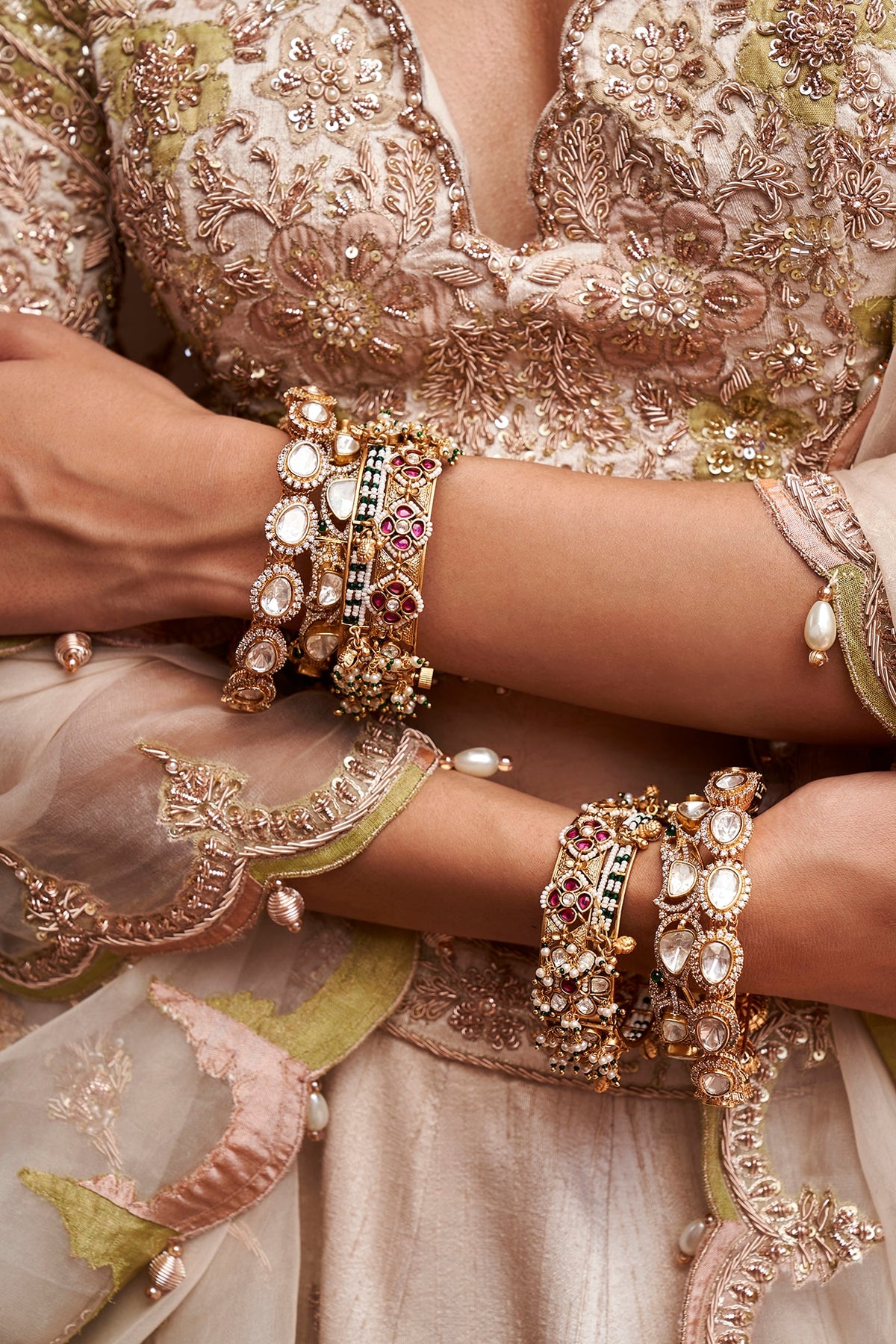 Gold Finish Kundan Polki Bangles (Set of 2)