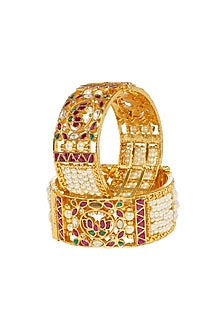 Gold Finish Red & Green Kundan Polki Bangles (Set of 2)