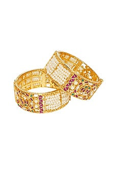 Gold Finish Red & Green Kundan Polki Bangles (Set of 2)