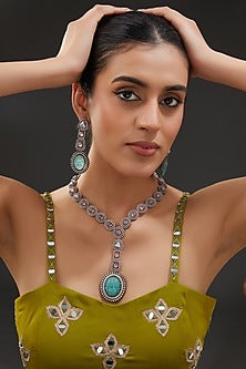 Gold Finish Pink & Mint Fluorite Stone Pendant Necklace Set