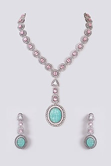 Gold Finish Pink & Mint Fluorite Stone Pendant Necklace Set