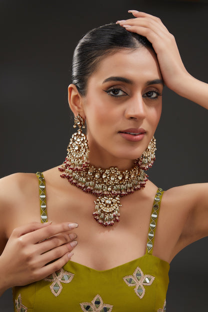Gold Finish Kundan Polki & Green Onyx Choker Necklace Set