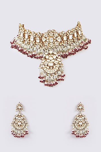 Gold Finish Kundan Polki & Green Onyx Choker Necklace Set