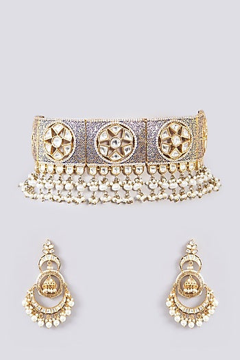 Gold Finish Kundan Polki & Pearl Choker Necklace Set