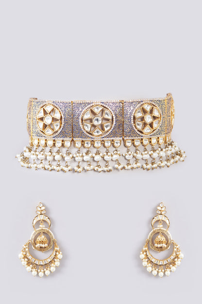 Gold Finish Kundan Polki & Pearl Choker Necklace Set