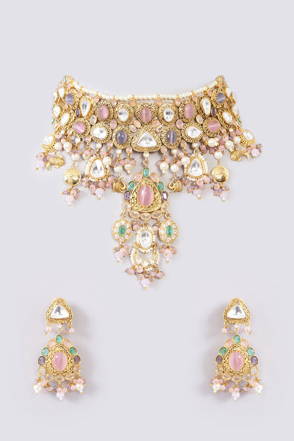 Gold Finish Kundan Polki & Pearl Choker Necklace Set