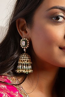 Gold Finish kundan Polki & Green Onyx Meenakari Jhumka Earrings