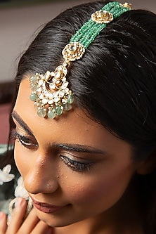 Gold Finish Kundan Polki & Green Onyx Maang Tikka