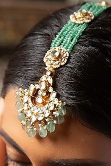 Gold Finish Kundan Polki & Green Onyx Maang Tikka