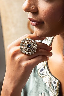 Gold Finish Kundan Polki & Blue Sapphire Stone Ring