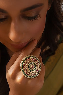 Gold Finish Red & Green Kundan Polki Ring