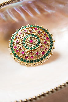 Gold Finish Red & Green Kundan Polki Ring