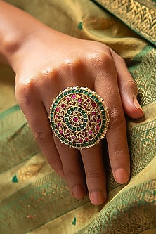 Gold Finish Red & Green Kundan Polki Ring
