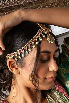 Gold Finish Red & Green Kundan Polki Matha Patti