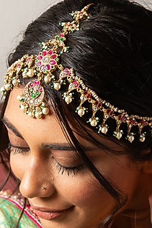 Gold Finish Red & Green Kundan Polki Matha Patti