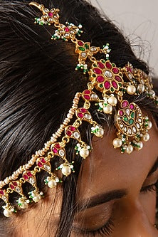 Gold Finish Red & Green Kundan Polki Matha Patti