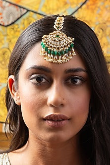 Gold Finish Kundan Polki & Green Onyx Maang Tikka
