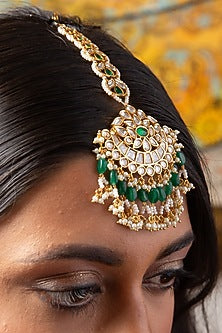 Gold Finish Kundan Polki & Green Onyx Maang Tikka