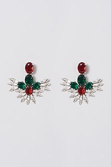 Silver Finish Red & Green Zircon Stud Earrings