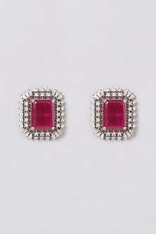 Silver Finish Red Zircon Stud Earrings