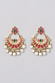 Gold Finish Green & Red Kundan Chandbali Earrings