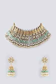 Gold Finish Green Kundan Polki Necklace Set