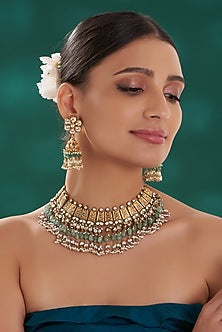 Gold Finish Green Kundan Polki Necklace Set