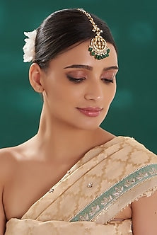 Gold Finish Green Kundan Polki Maangtikka