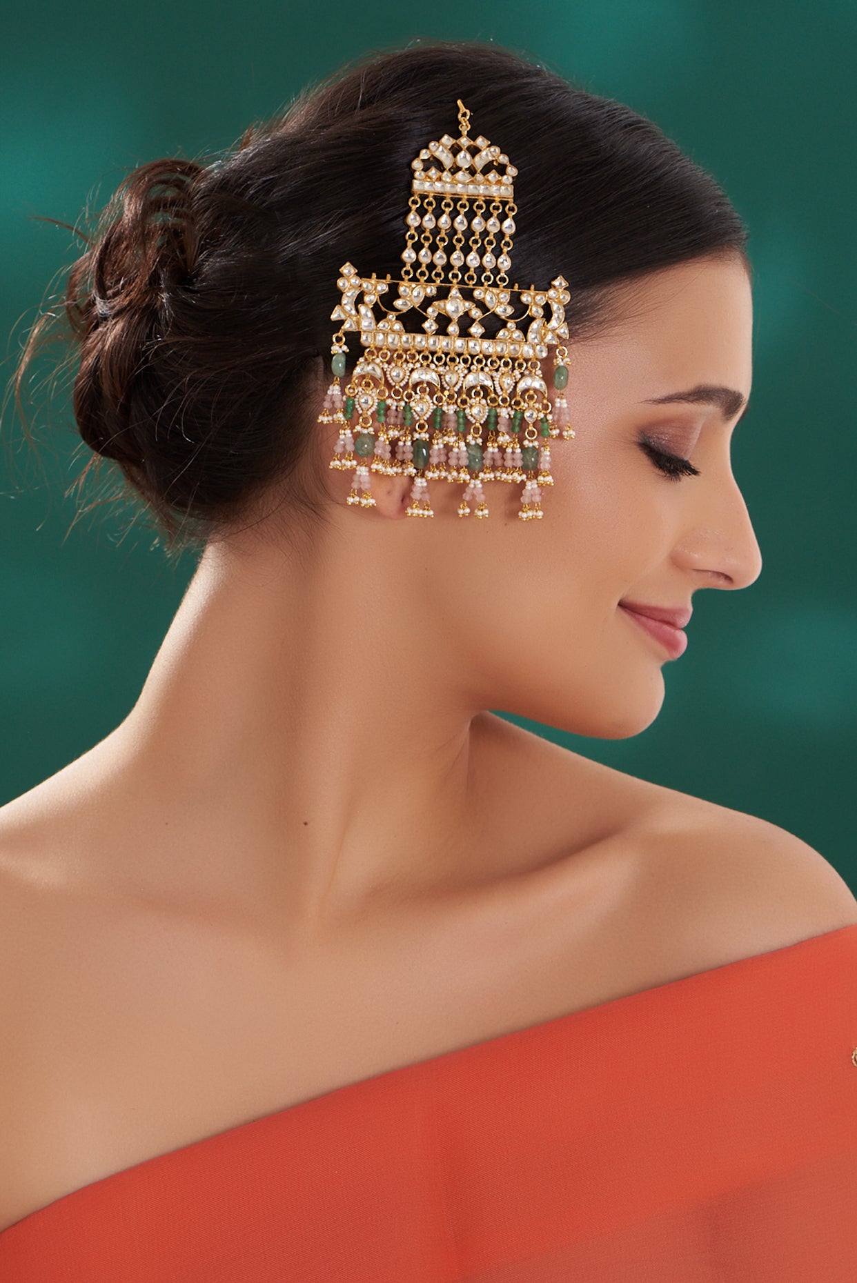 Gold Finish Pink & Green Kundan Polki Pasa