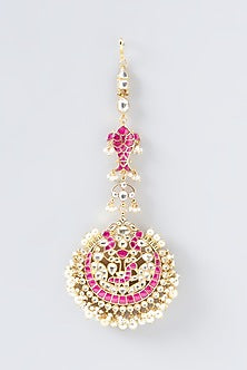 Gold Finish Red Kundan Polki Maangtikka