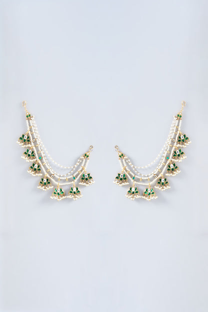Gold Finish Green Kundan Polki Earchain