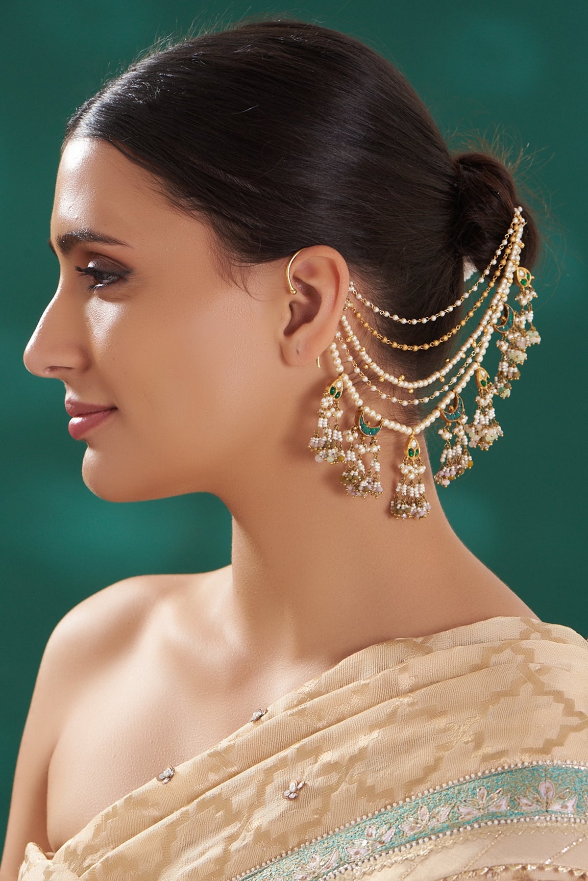 Gold Finish Green Kundan Polki Earchain