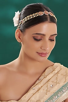 Gold Finish Red Kundan Polki Mathapatti
