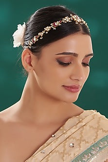 Gold Finish Red Kundan Polki Mathapatti